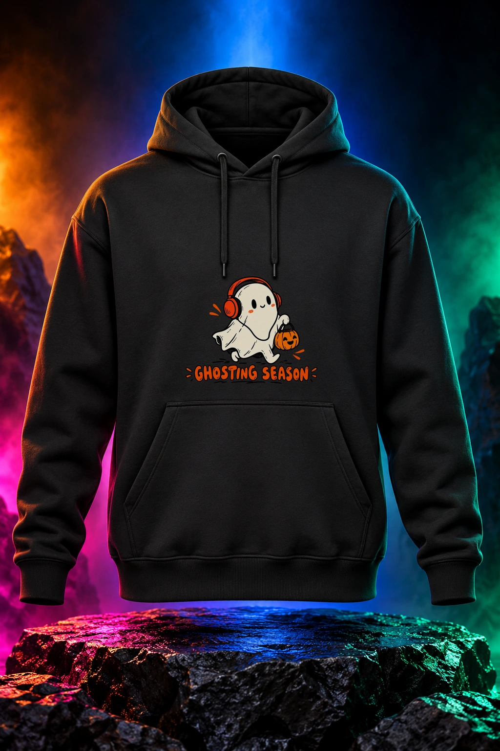 Black hoodie with the Ghosting Season artwork. A headphone-wearing ghost and a little pumpkin make Ghosting Season a playful Halloween escape. Digital studio mockup.
