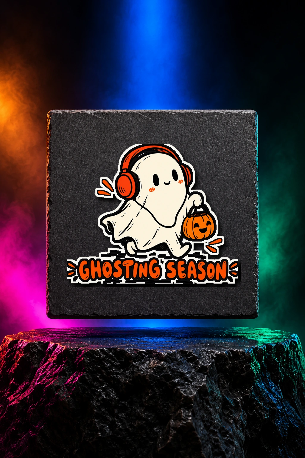 White kiss-cut sticker with the Ghosting Season artwork. A headphone-wearing ghost and a little pumpkin make Ghosting Season a playful Halloween escape. Digital studio mockup.