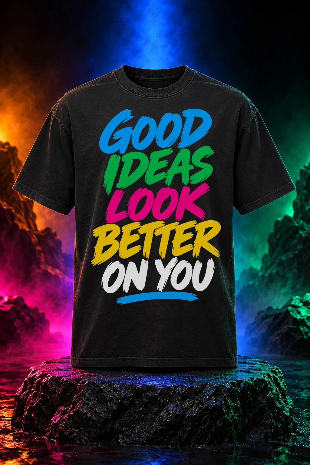 Black tee with the Good Ideas artwork. Expressive rainbow brush lettering gives Good Ideas its bold, optimistic personality. Digital studio mockup.