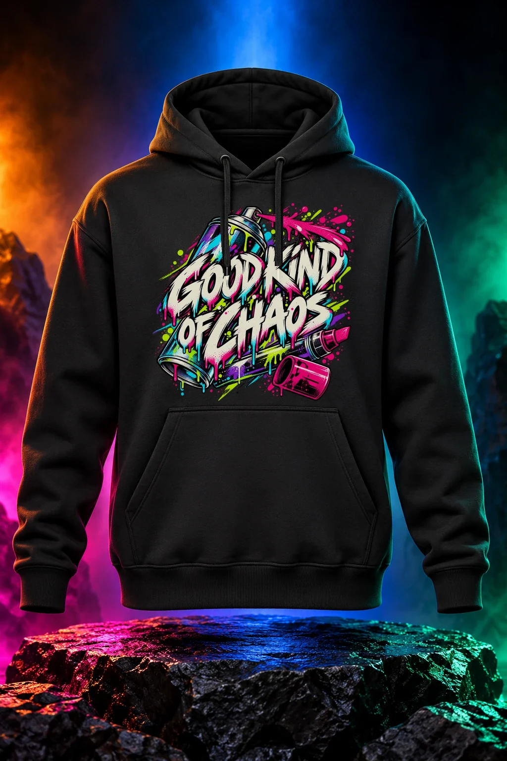 Good Kind of Chaos hoodie with spray paint and bold Good Kind of Chaos lettering. Black option. Digital mockup.