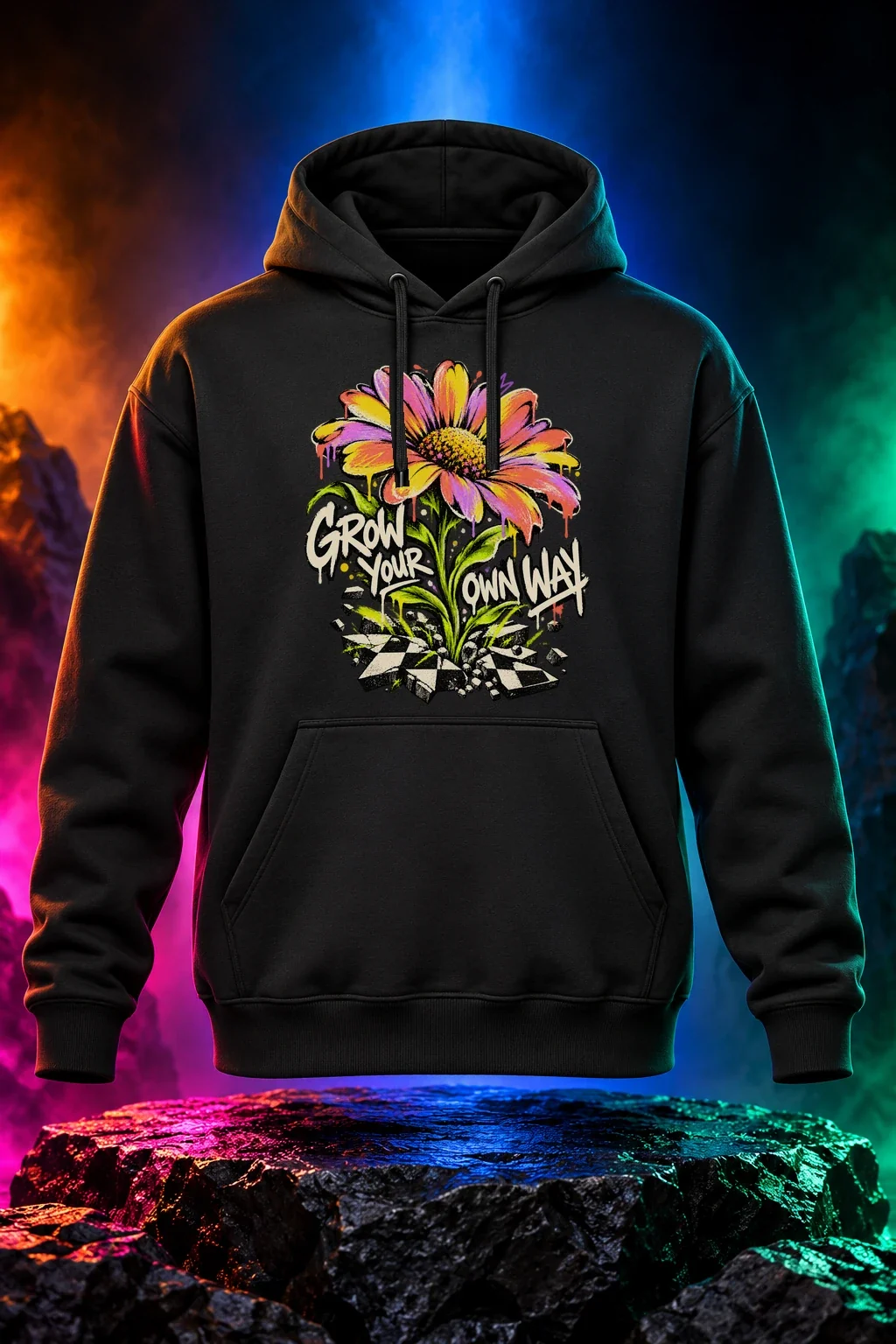 Grow Your Own Way hoodie with colorful flowers growing through expressive lettering. Black option. Digital mockup.