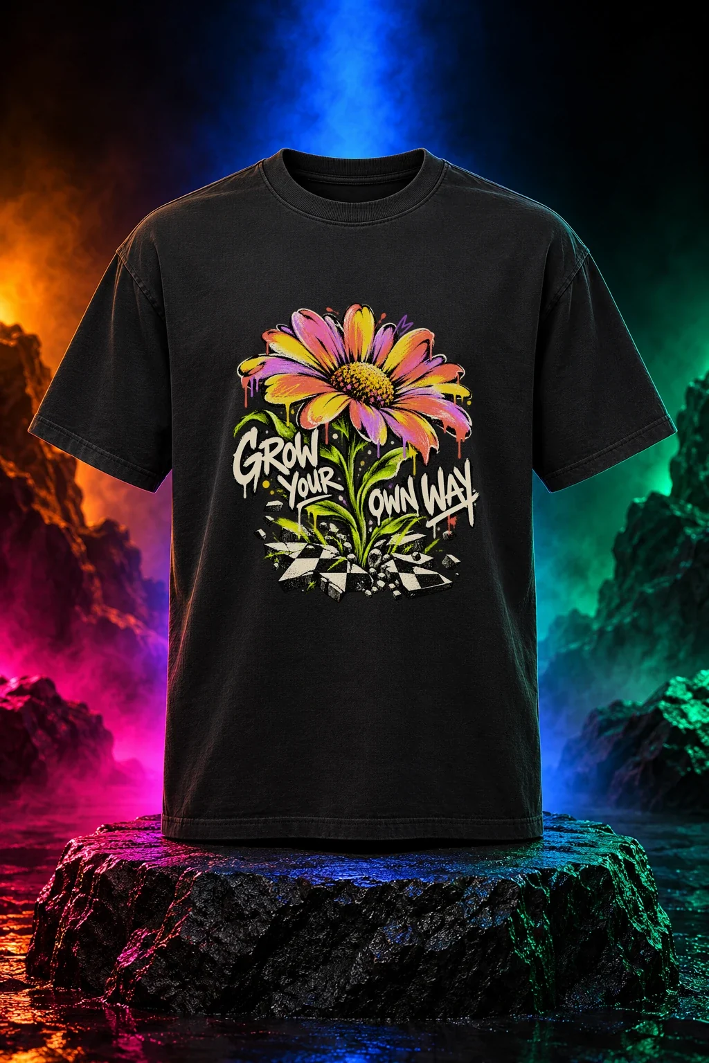 Grow Your Own Way original artwork on a black T-shirt. Digital neon studio mockup.