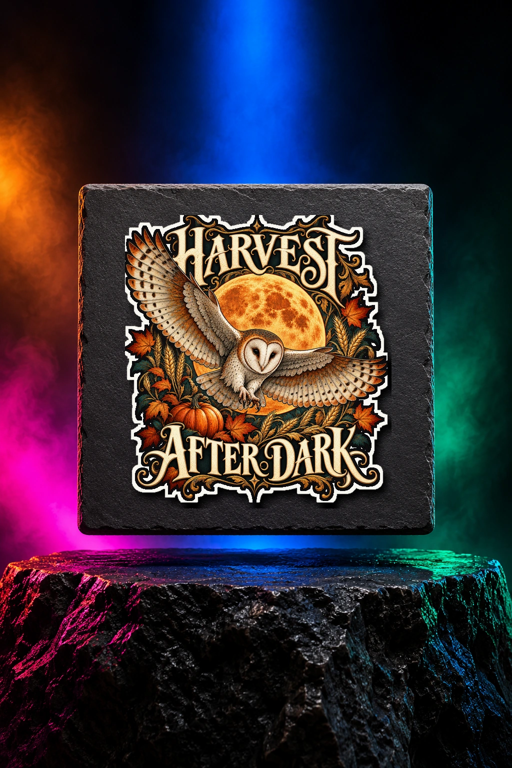 Harvest After Dark sticker with an owl beneath a harvest moon. White option. Digital mockup.