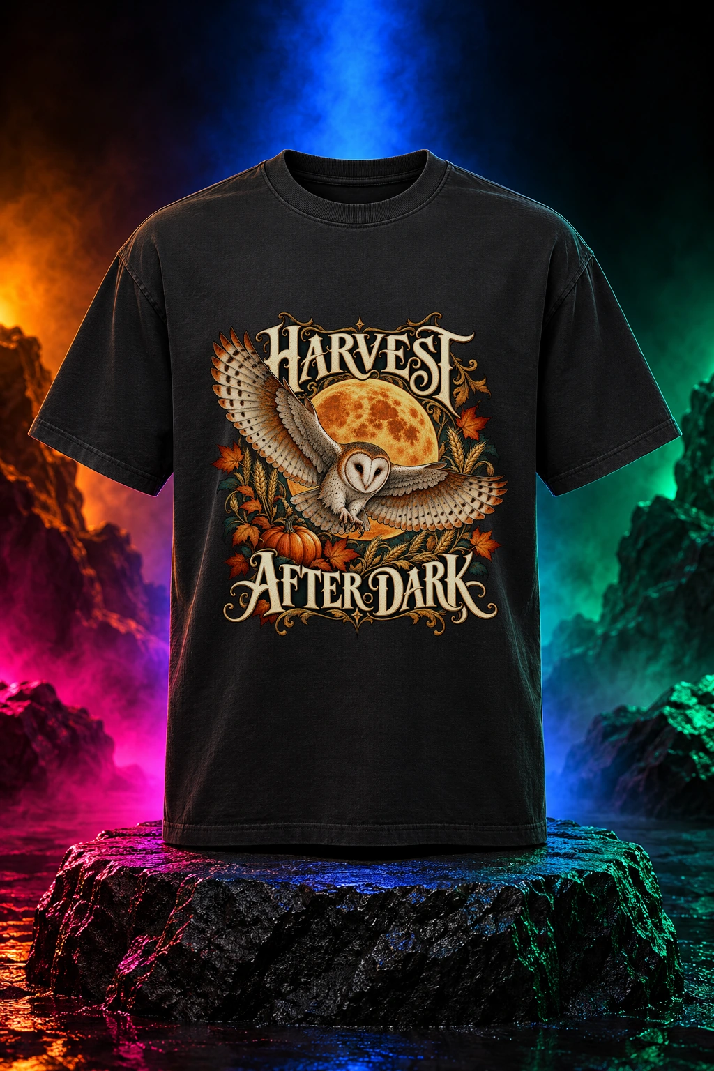 Black tee with the Harvest After Dark artwork. An owl, a harvest moon and rich autumn color give Harvest After Dark its after-hours mood. Digital studio mockup.