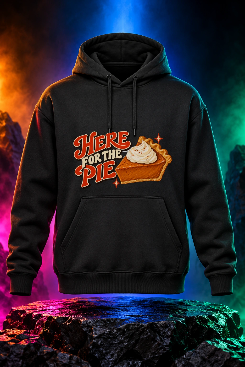 Black hoodie with the Here for the Pie artwork. Retro diner lettering and a generous slice of pumpkin pie make Here for the Pie a Thanksgiving mood. Digital studio mockup.