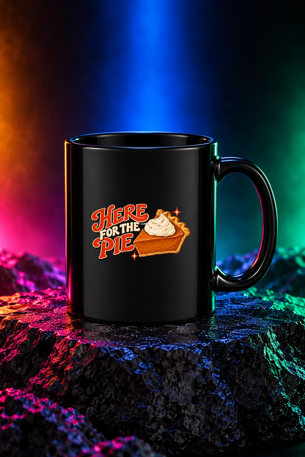 Black mug with the Here for the Pie artwork. Retro diner lettering and a generous slice of pumpkin pie make Here for the Pie a Thanksgiving mood. Digital studio mockup.