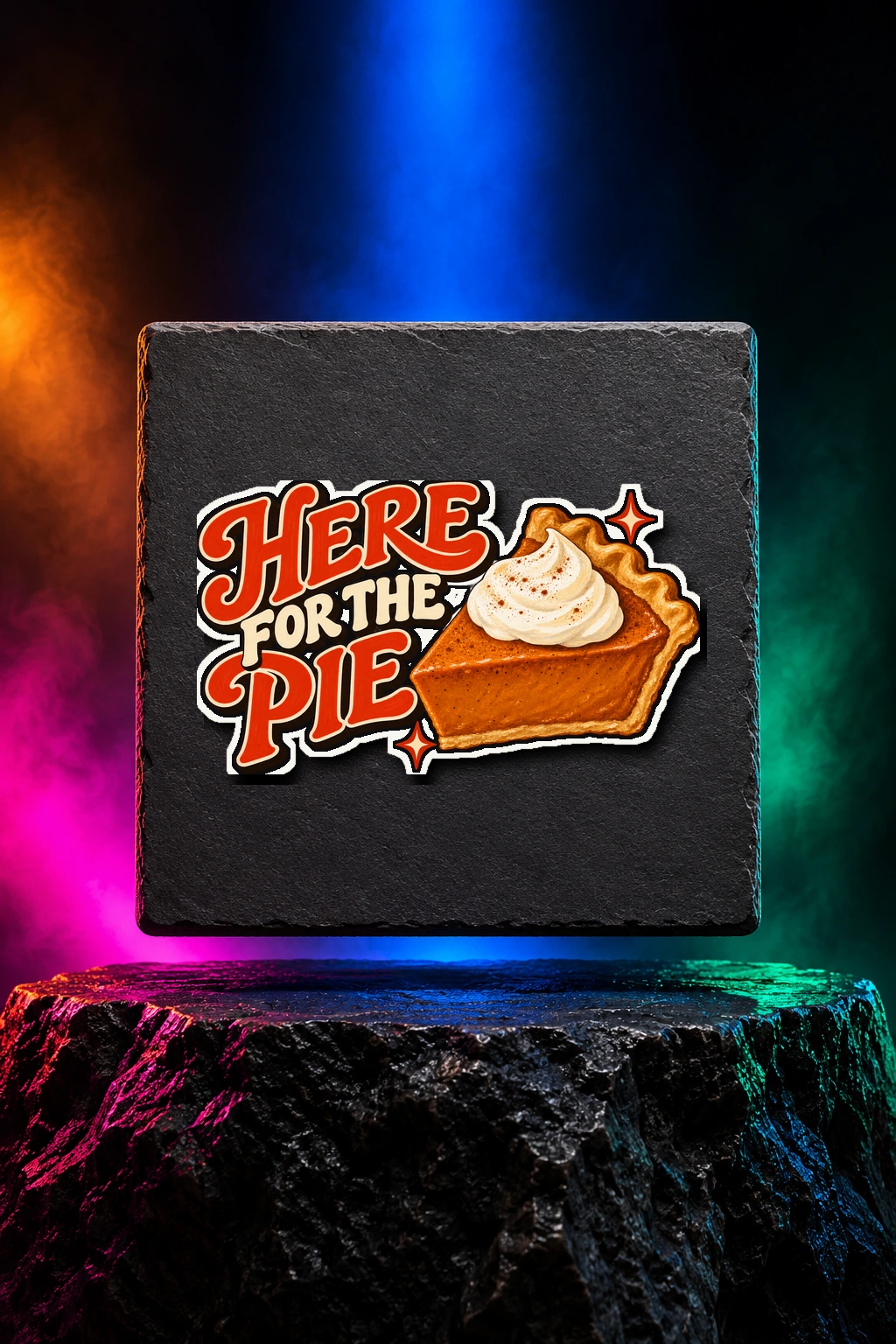 White kiss-cut sticker with the Here for the Pie artwork. Retro diner lettering and a generous slice of pumpkin pie make Here for the Pie a Thanksgiving mood. Digital studio mockup.