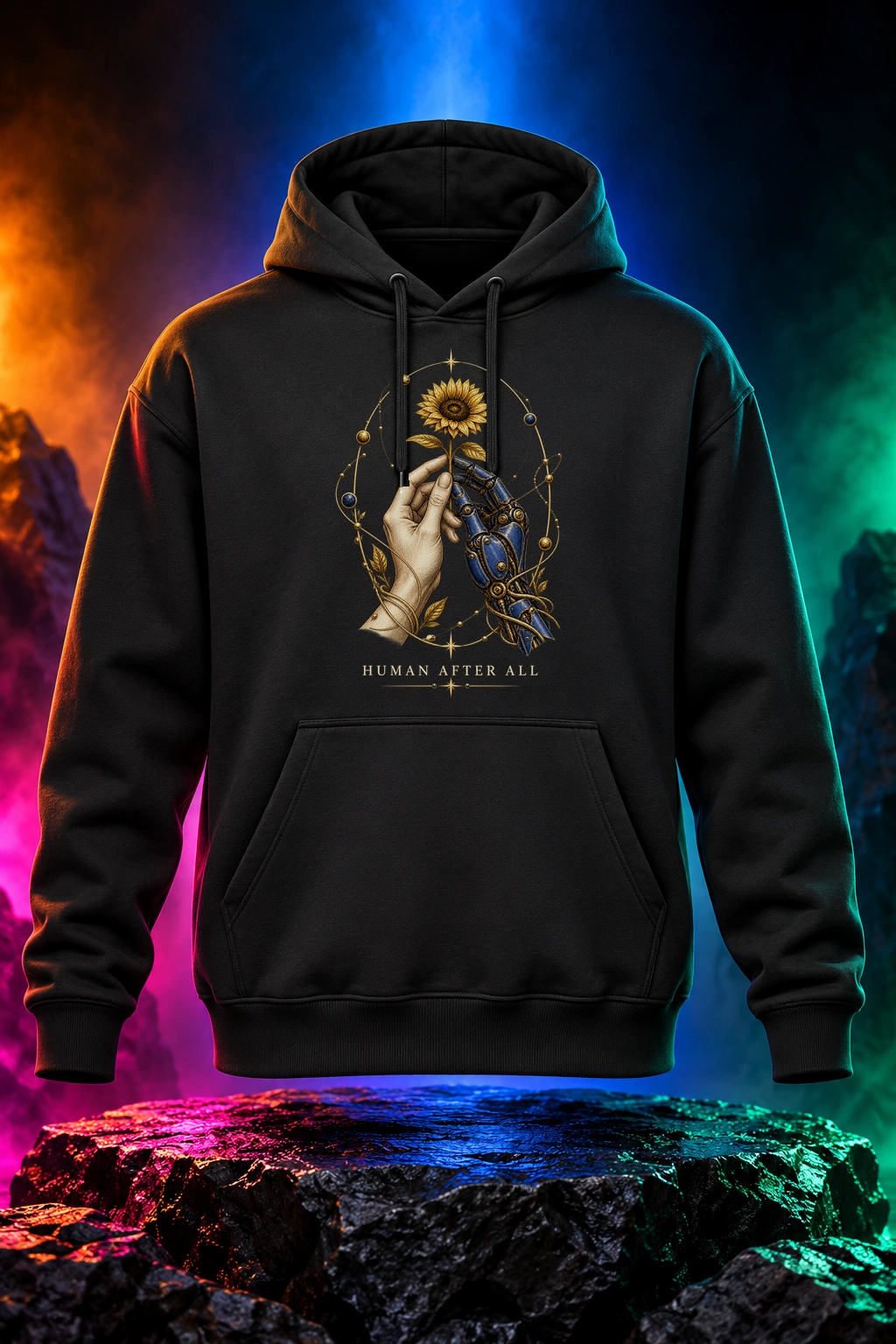 Black hoodie with the Human After All artwork. A human hand and a mechanical hand share a sunflower in Human After All, an illustration about connection. Digital studio mockup.