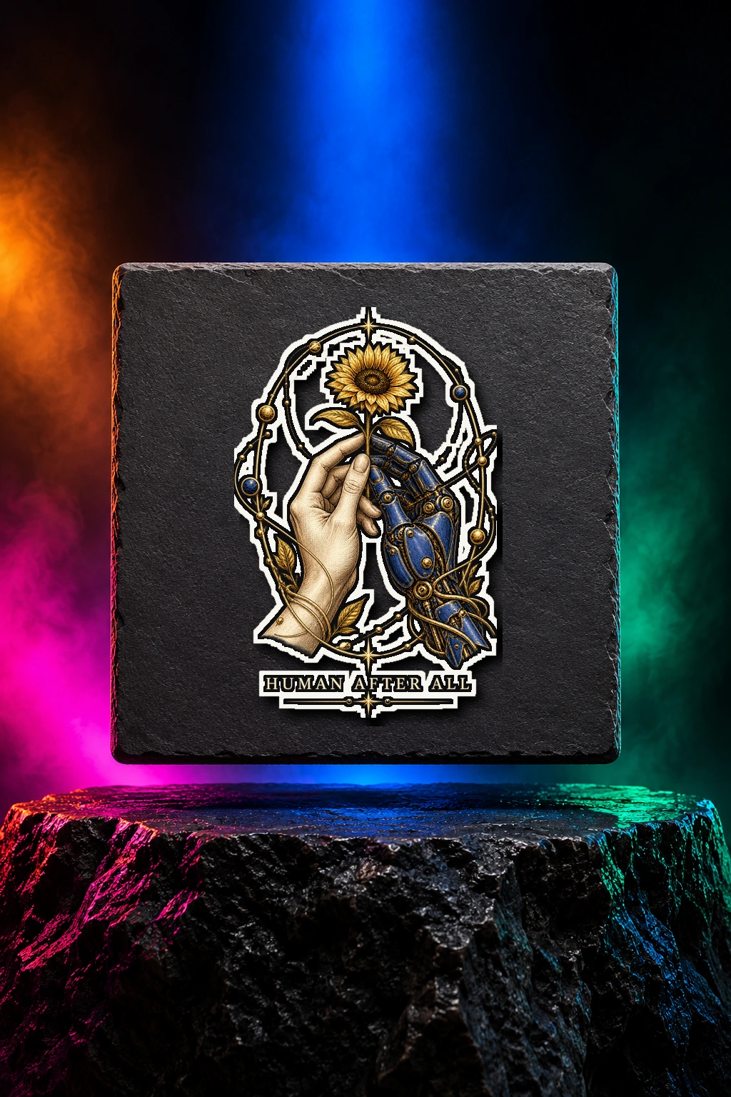 White kiss-cut sticker with the Human After All artwork. A human hand and a mechanical hand share a sunflower in Human After All, an illustration about connection. Digital studio mockup.