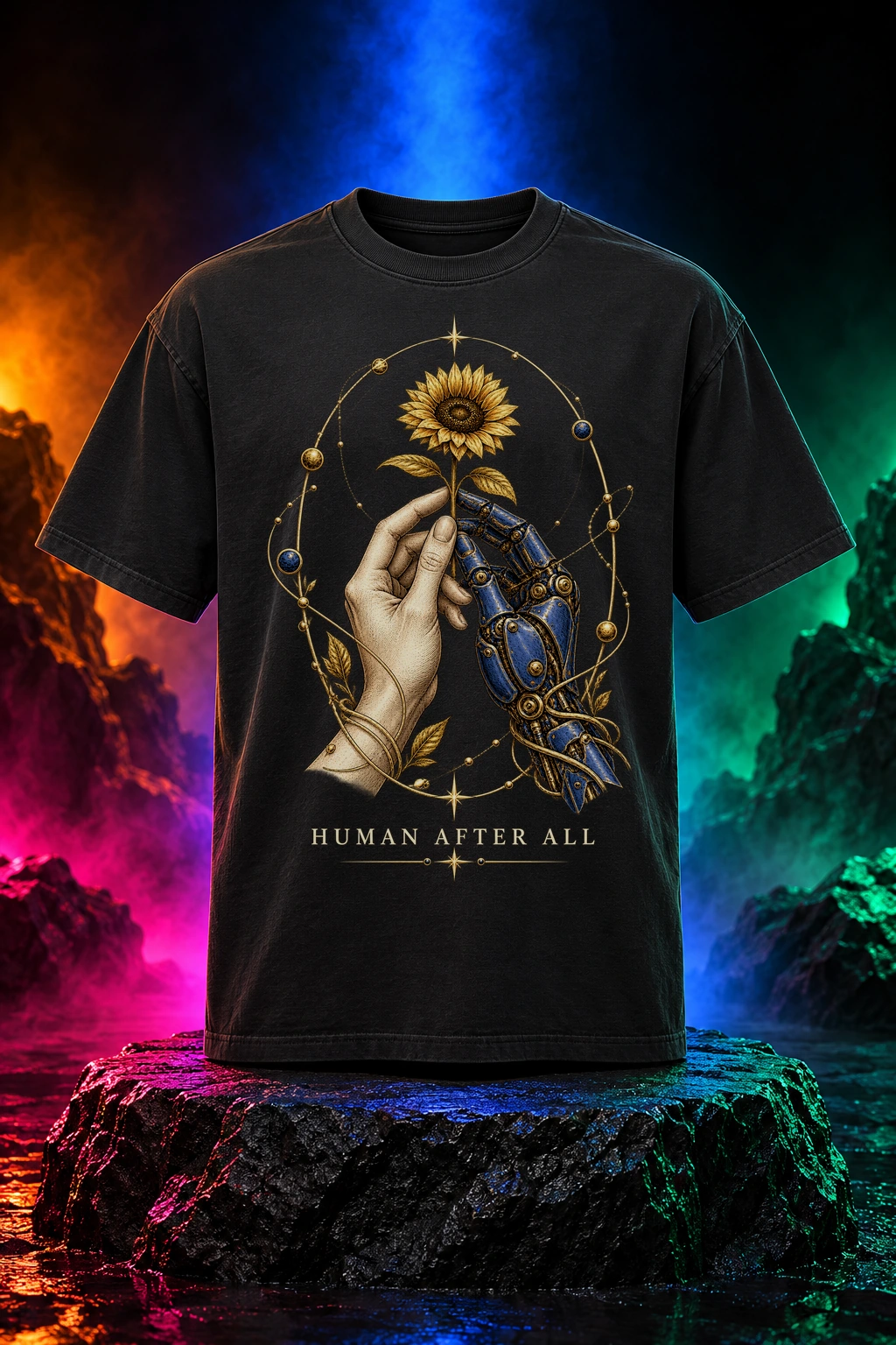 Black tee with the Human After All artwork. A human hand and a mechanical hand share a sunflower in Human After All, an illustration about connection. Digital studio mockup.