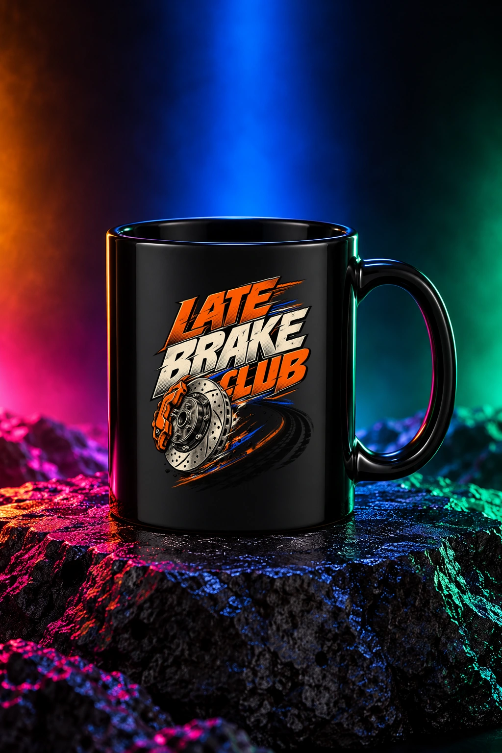 Black mug with the Late Brake Club artwork. Forward-leaning lettering and garage-inspired graphic details give Late Brake Club its original racing energy. Digital studio mockup.