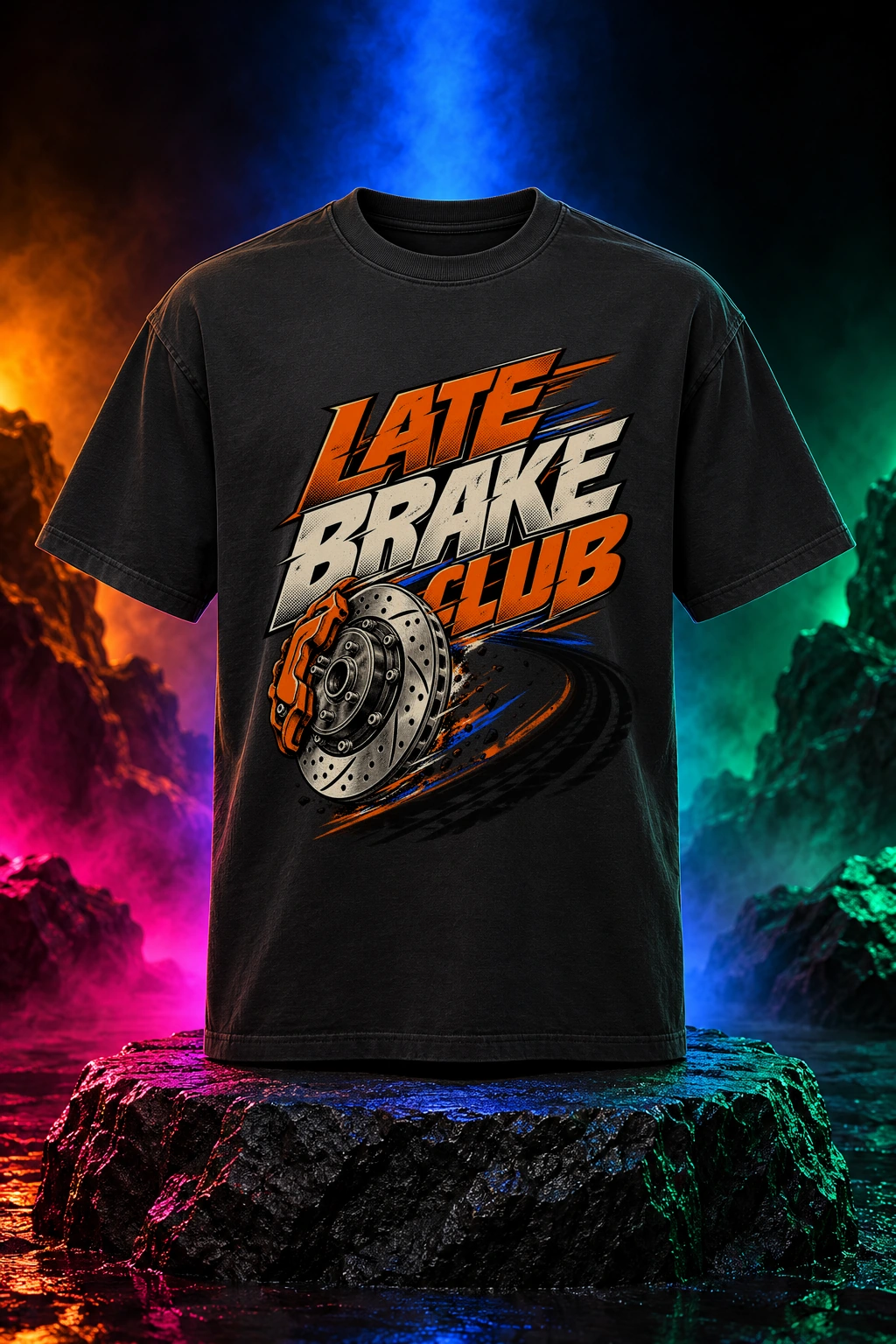 Black tee with the Late Brake Club artwork. Forward-leaning lettering and garage-inspired graphic details give Late Brake Club its original racing energy. Digital studio mockup.