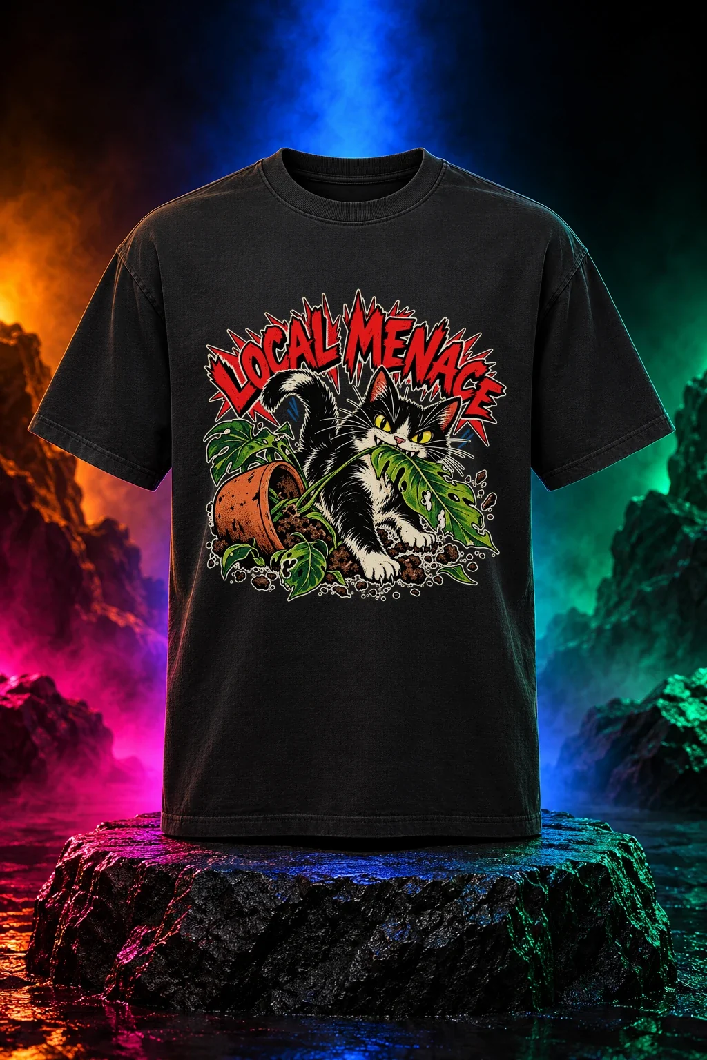 Local Menace original artwork on a black T-shirt. Digital neon studio mockup.