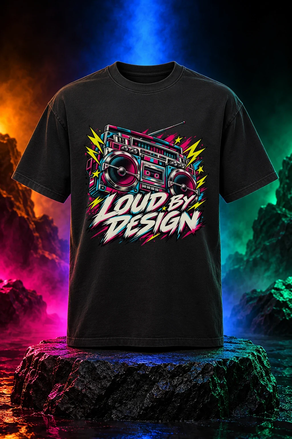 Loud by Design T-shirt with an old-school boombox and bright graffiti-style lettering. Black option. Digital mockup.