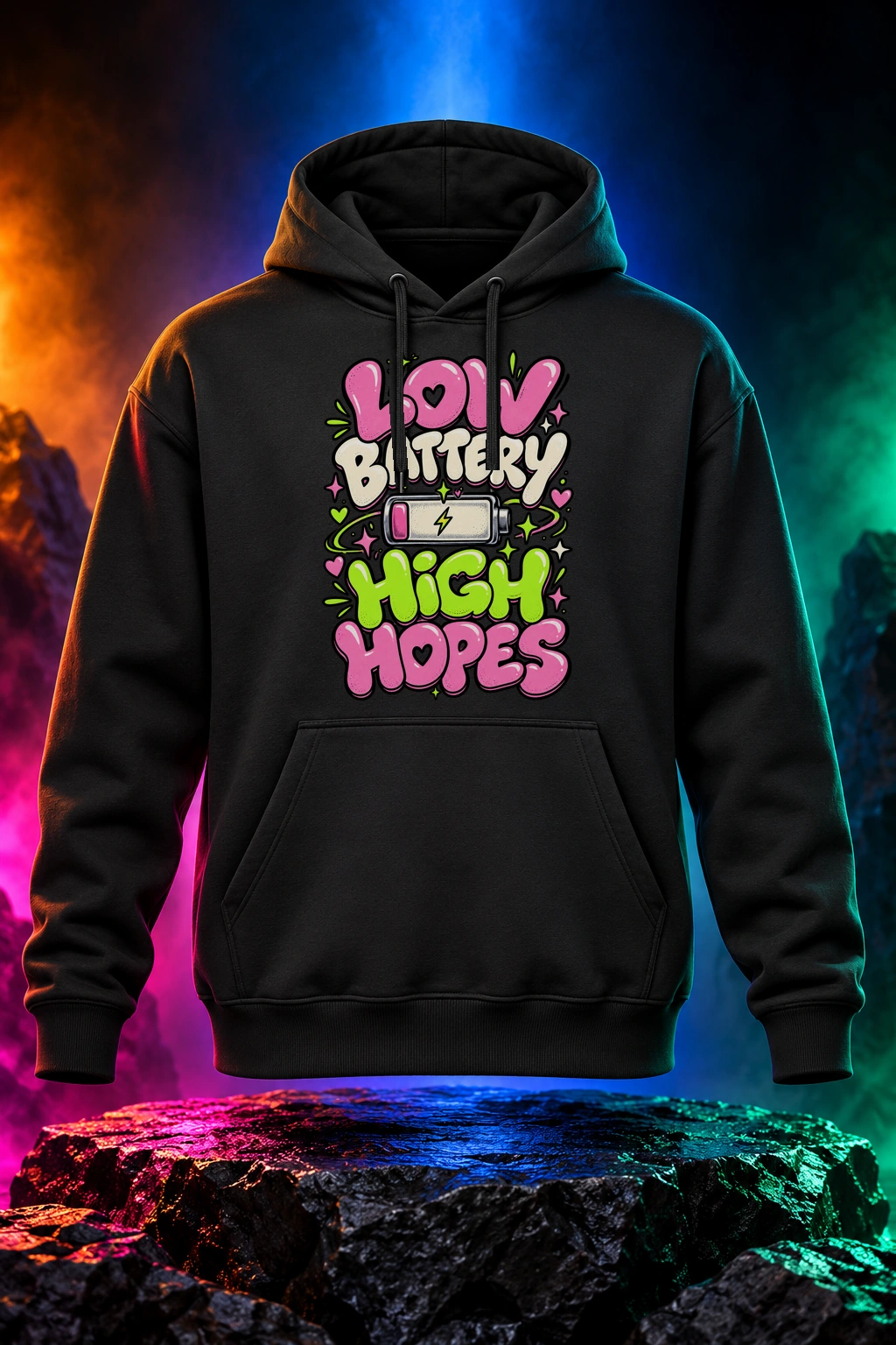 Black hoodie with the Low Battery, High Hopes artwork. Playful pink and green lettering gives Low Battery, High Hopes a cheerful answer to an almost-empty battery. Digital studio mockup.