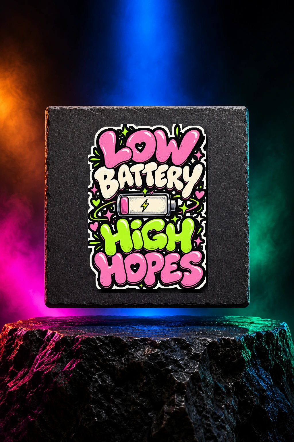 White kiss-cut sticker with the Low Battery, High Hopes artwork. Playful pink and green lettering gives Low Battery, High Hopes a cheerful answer to an almost-empty battery. Digital studio mockup.