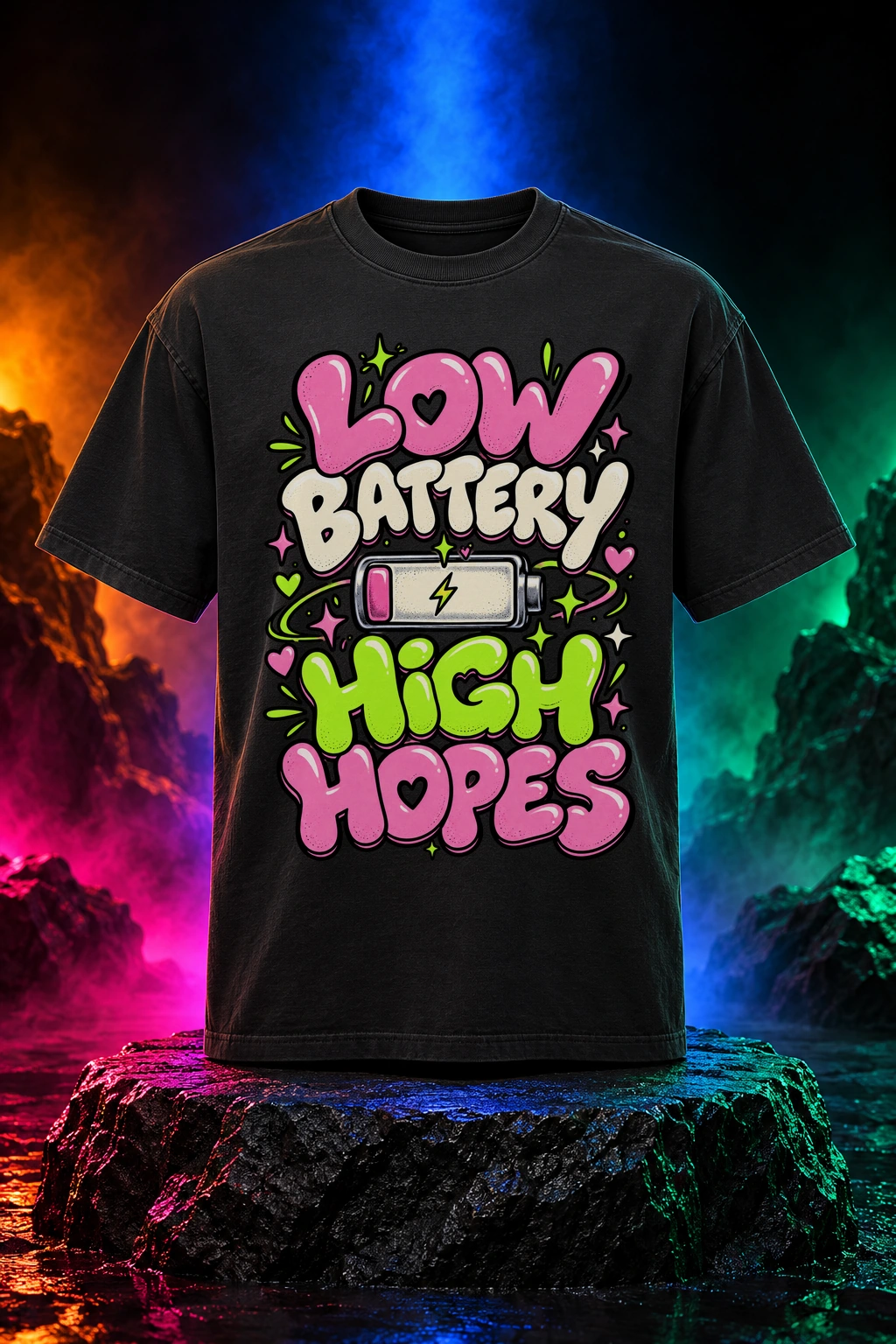 Black tee with the Low Battery, High Hopes artwork. Playful pink and green lettering gives Low Battery, High Hopes a cheerful answer to an almost-empty battery. Digital studio mockup.