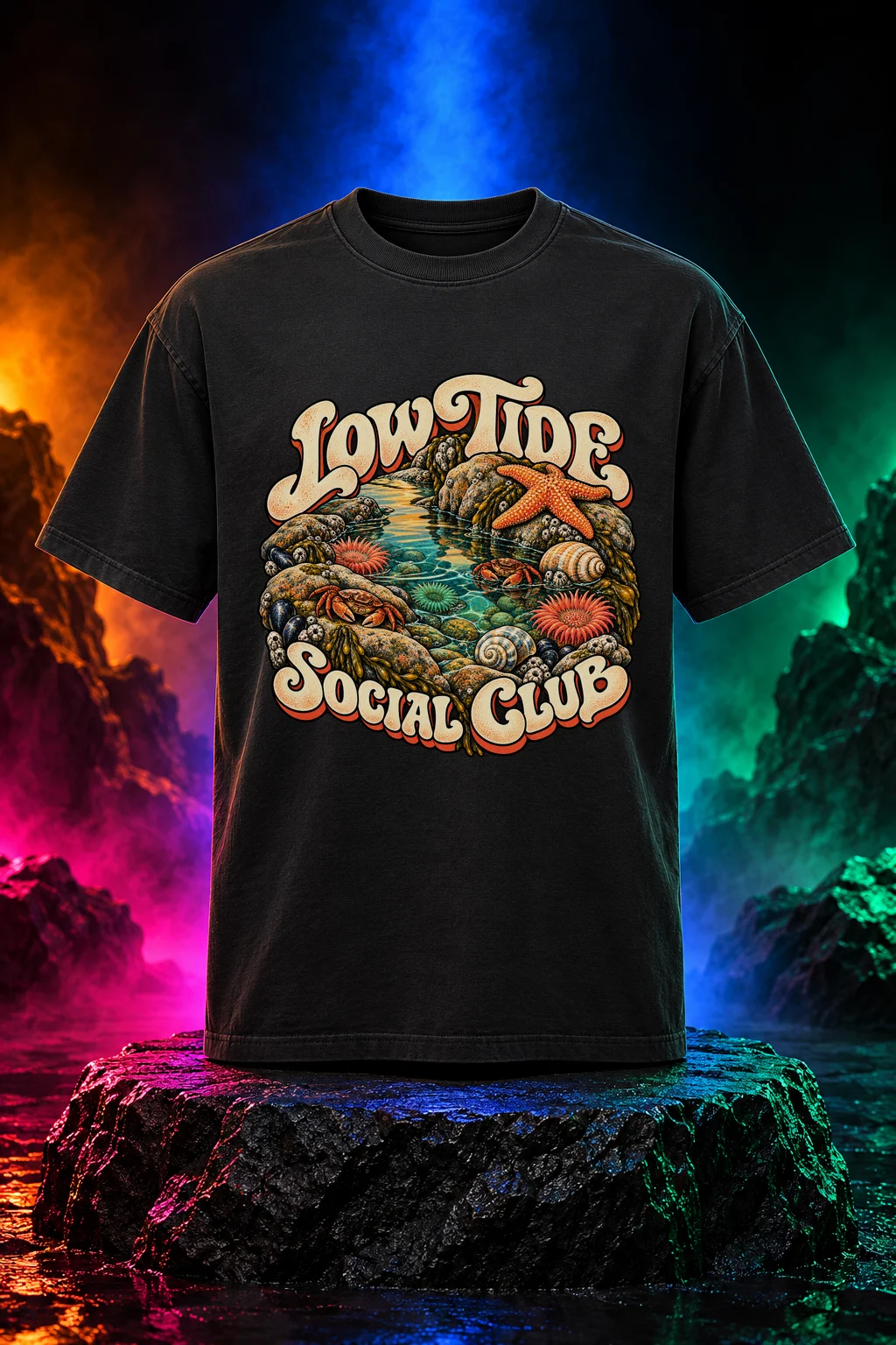 Low Tide Social Club T-shirt with an illustrated tide pool with rocks, sea stars, shells, crabs and Low Tide Social Club lettering. Black option. Digital mockup.