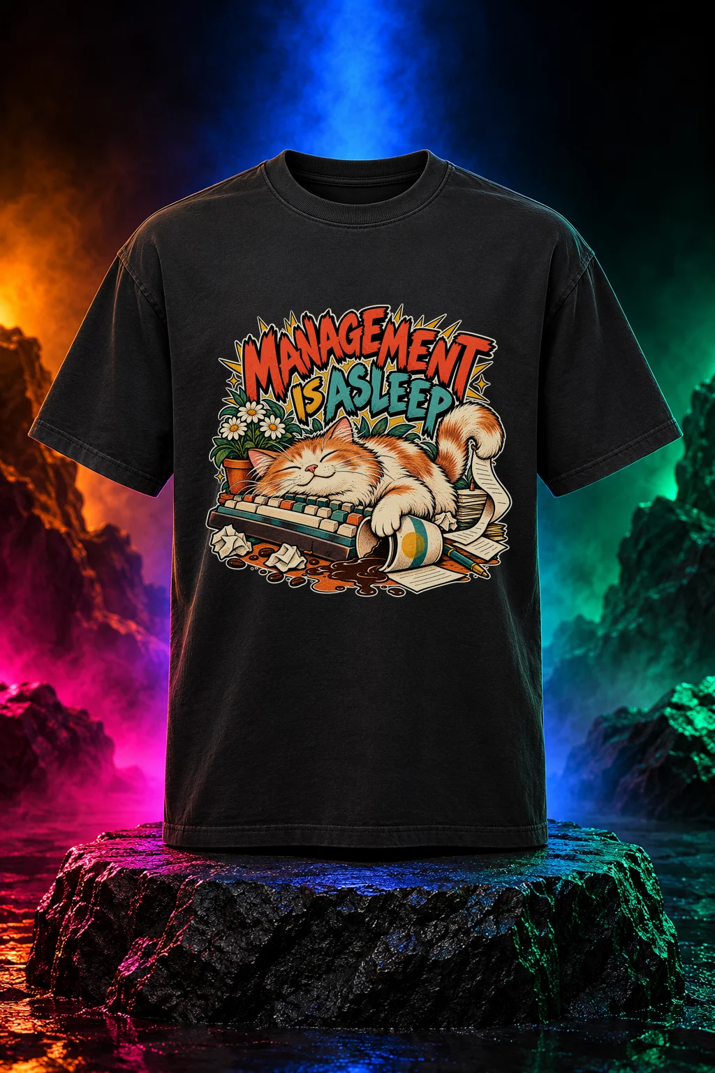 Management Is Asleep T-shirt with a sleeping cat on a keyboard and Management Is Asleep lettering. Black option. Digital mockup.