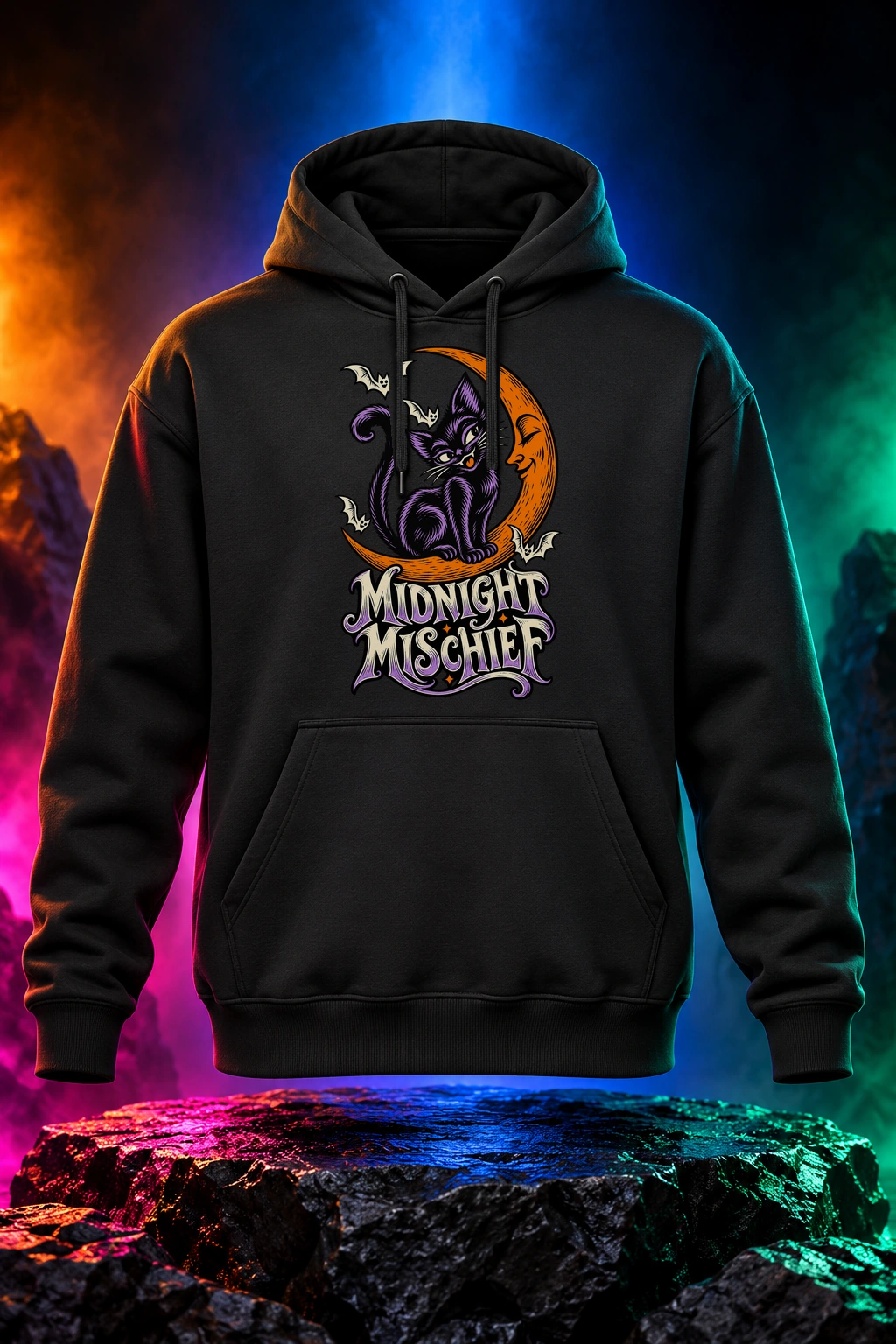 Black hoodie with the Midnight Mischief artwork. A crescent moon, a mischievous cat and Halloween color bring Midnight Mischief to life. Digital studio mockup.