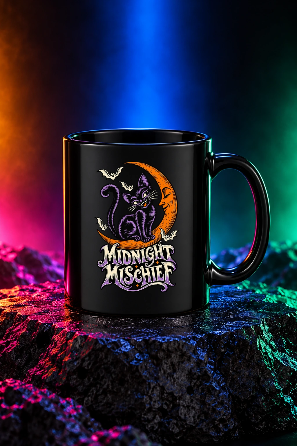 Black mug with the Midnight Mischief artwork. A crescent moon, a mischievous cat and Halloween color bring Midnight Mischief to life. Digital studio mockup.