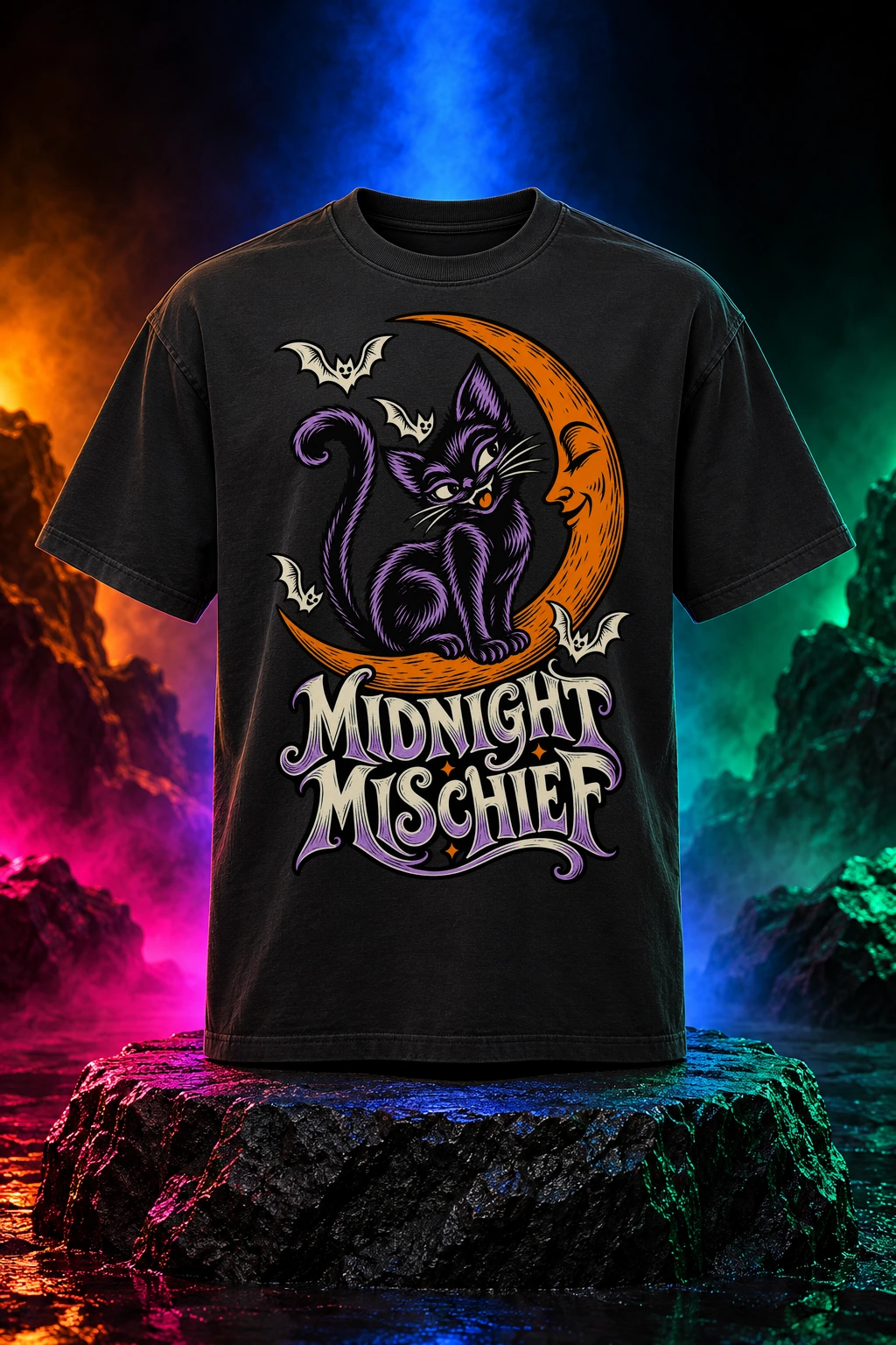 Black tee with the Midnight Mischief artwork. A crescent moon, a mischievous cat and Halloween color bring Midnight Mischief to life. Digital studio mockup.