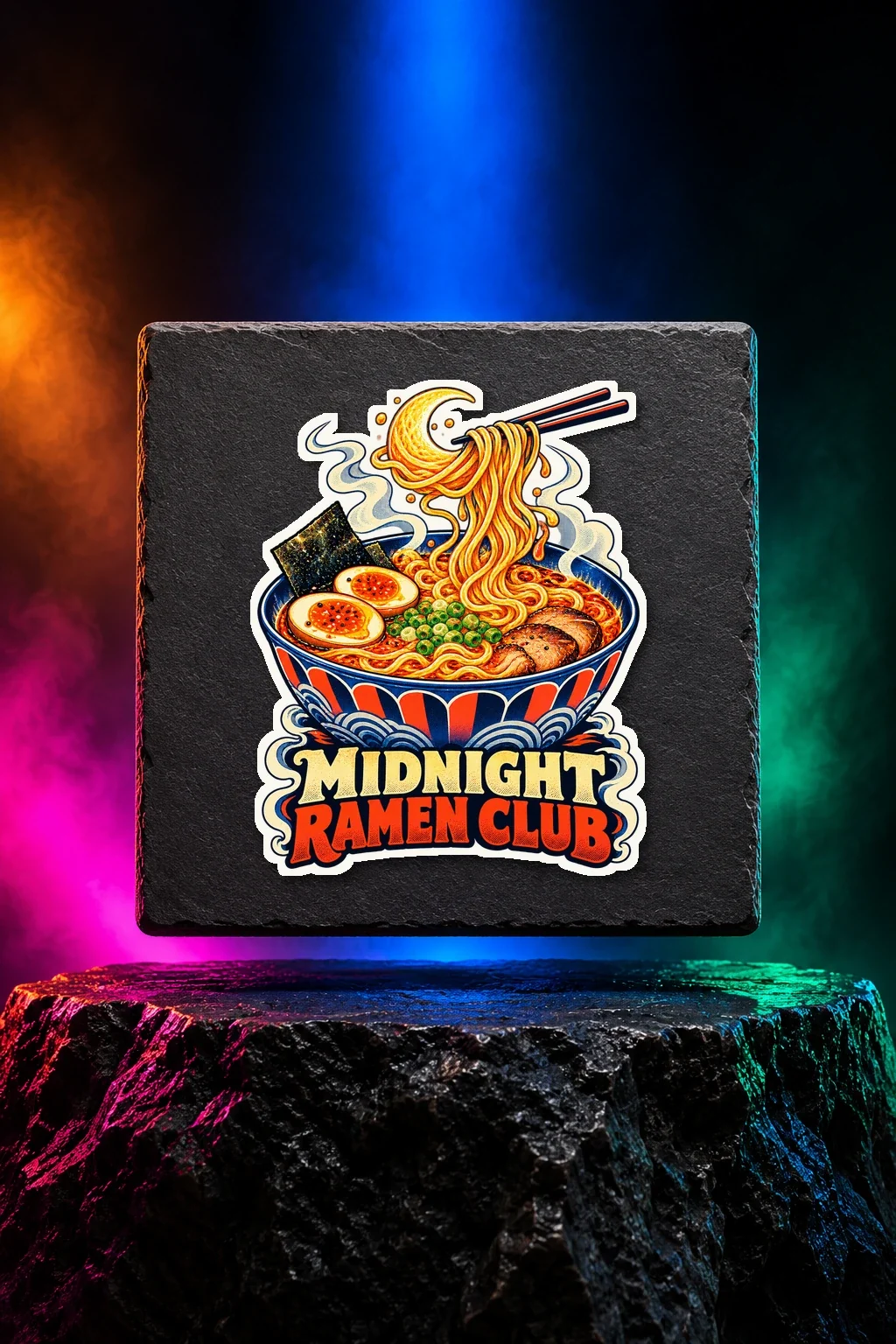 Midnight Ramen Club sticker with a steaming bowl of ramen with late-night lettering. White option. Digital mockup.