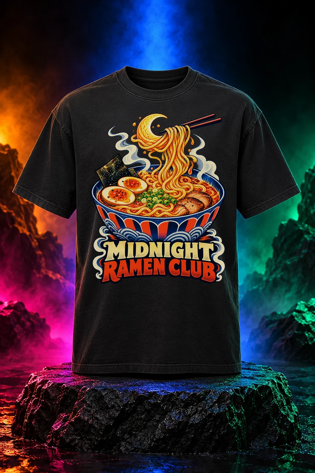 Midnight Ramen Club original artwork on a black T-shirt. Digital neon studio mockup.