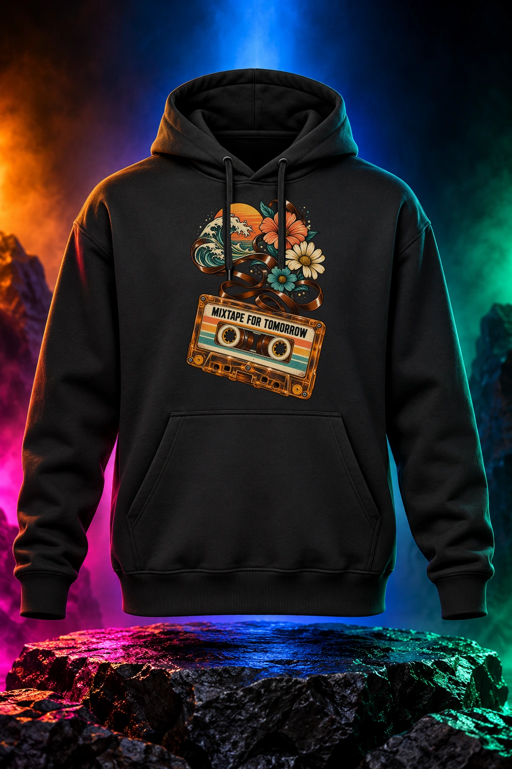 Black hoodie with the Mixtape for Tomorrow artwork. A cassette tape, curling ribbons and flowers give Mixtape for Tomorrow its warm analog optimism. Digital studio mockup.