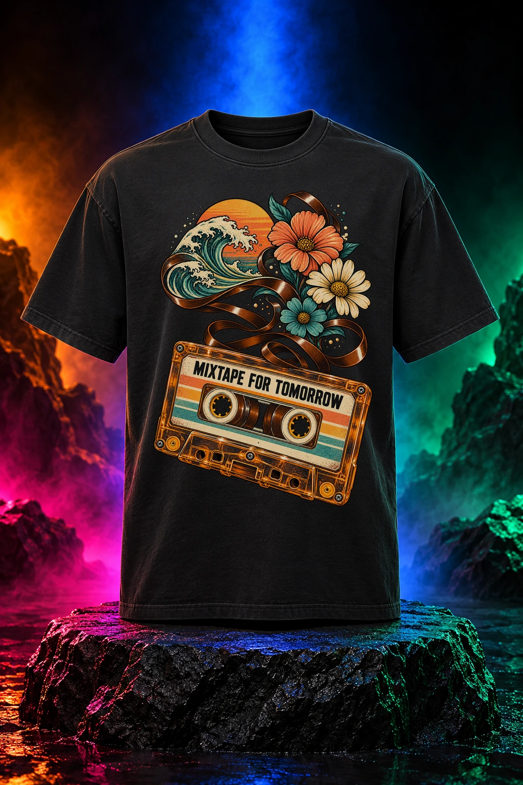 Black tee with the Mixtape for Tomorrow artwork. A cassette tape, curling ribbons and flowers give Mixtape for Tomorrow its warm analog optimism. Digital studio mockup.