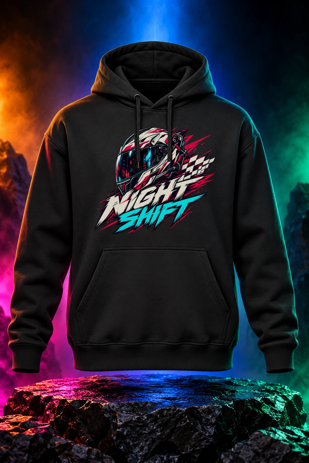 Night Shift hoodie with a motorcycle helmet and neon speed marks. Black option. Digital mockup.