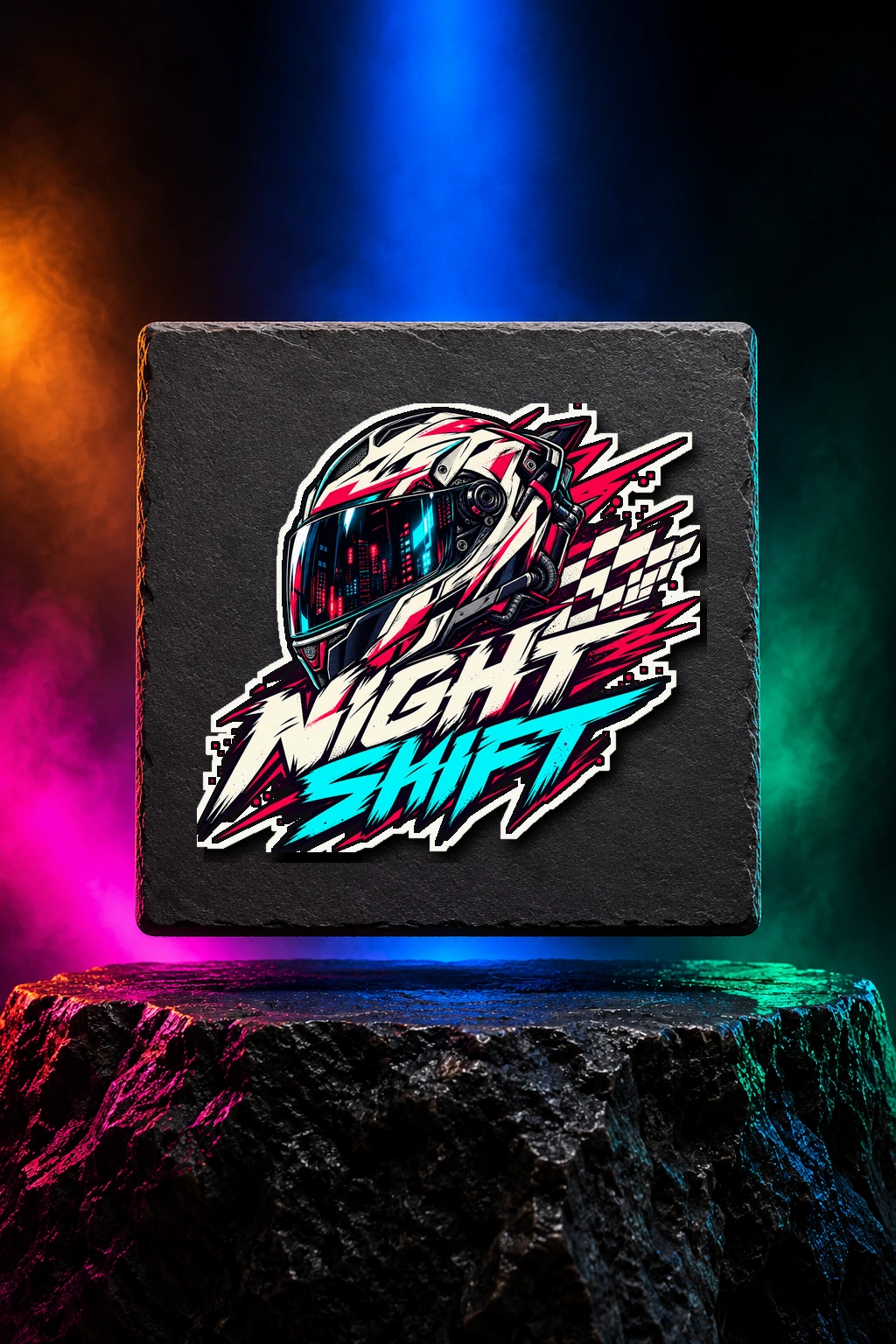 White kiss-cut sticker with the Night Shift artwork. A motorcycle helmet, sharp speed marks and neon city color give Night Shift its late-night energy. Digital studio mockup.