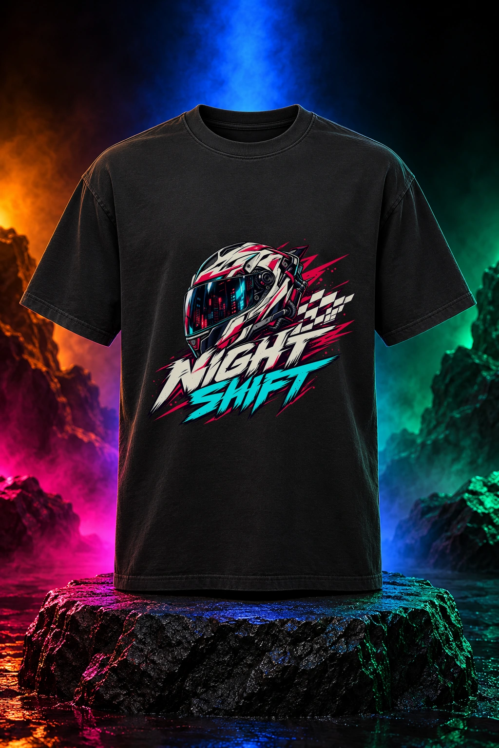Black tee with the Night Shift artwork. A motorcycle helmet, sharp speed marks and neon city color give Night Shift its late-night energy. Digital studio mockup.