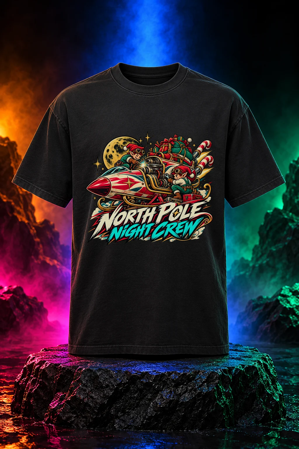 North Pole Night Crew T-shirt with elves flying a rocket-powered gift sleigh beneath a moon and expressive retro lettering. Black option. Digital mockup.
