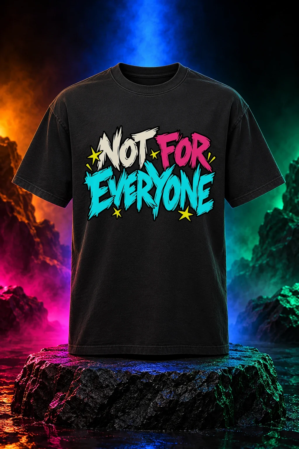 Not for Everyone original artwork on a black T-shirt. Digital neon studio mockup.