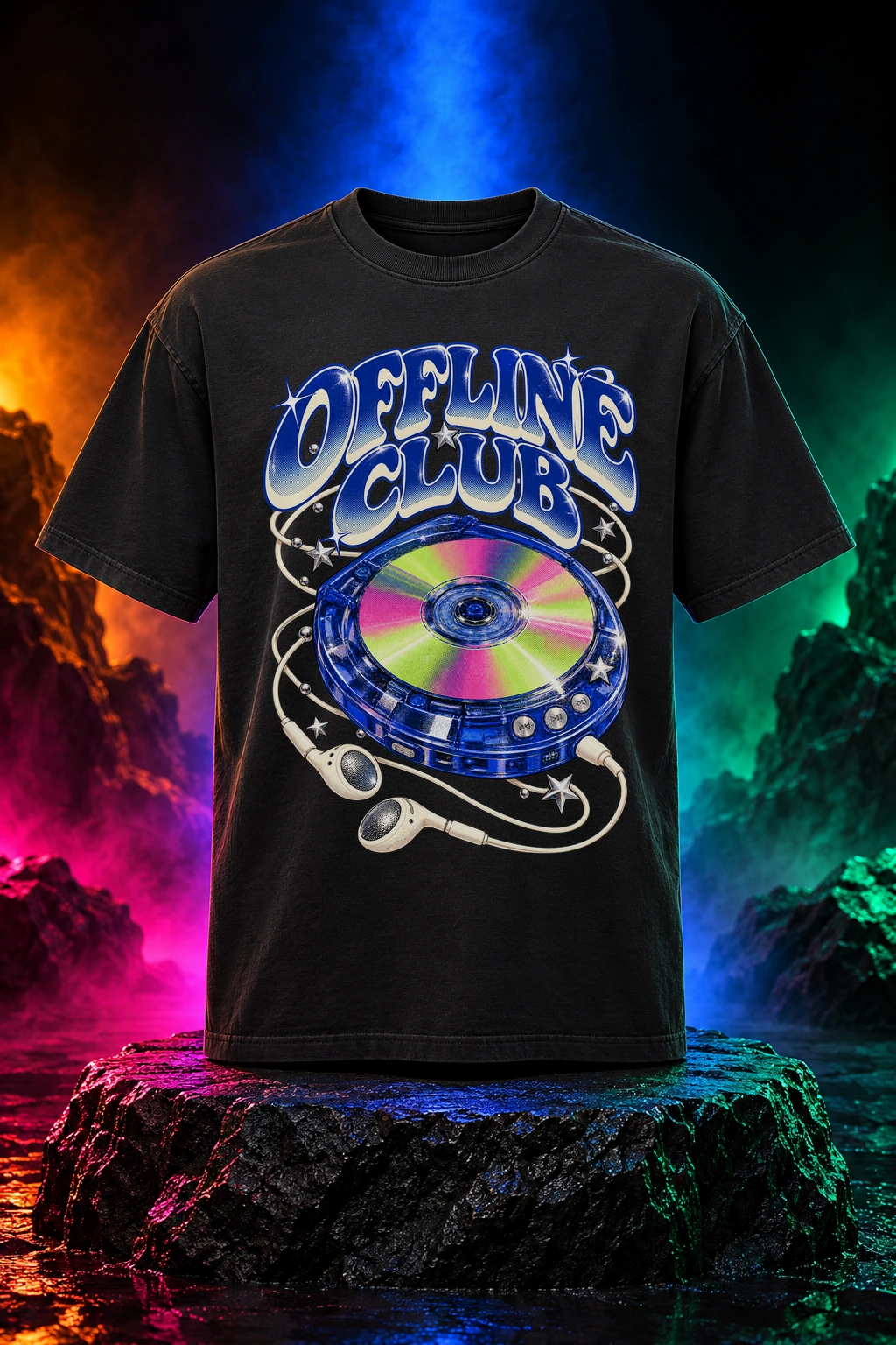 Black tee with the Offline Club artwork. A portable CD player and wired headphones bring Offline Club back to the pleasure of pressing play. Digital studio mockup.
