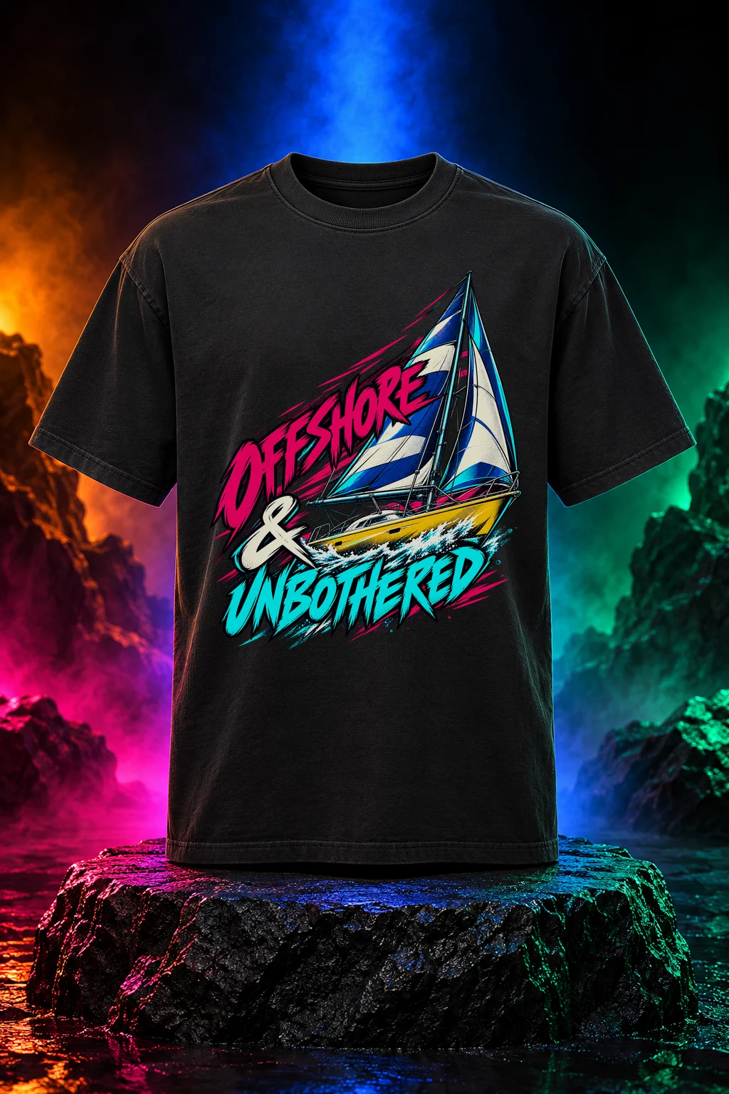Offshore & Unbothered T-shirt with a cobalt-and-ivory sailing yacht, yellow hull and Offshore & Unbothered brush lettering. Black option. Digital mockup.