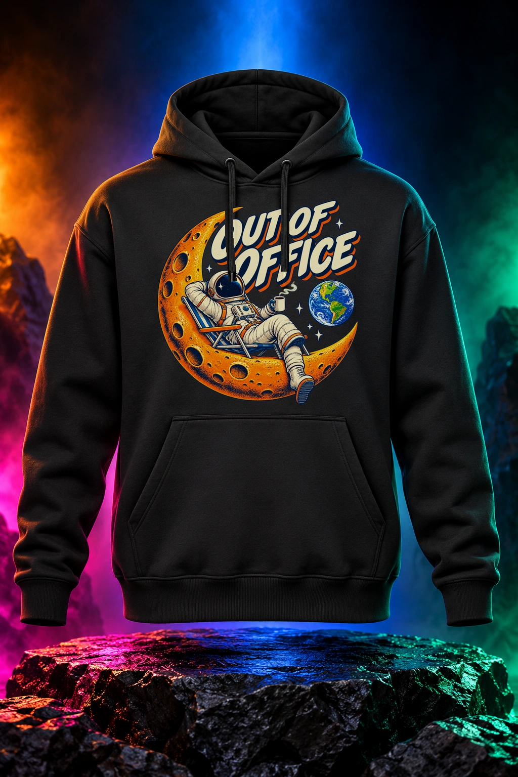 Black hoodie with the Out of Office artwork. An astronaut takes a break on a crescent moon in Out of Office, a small escape from the everyday. Digital studio mockup.