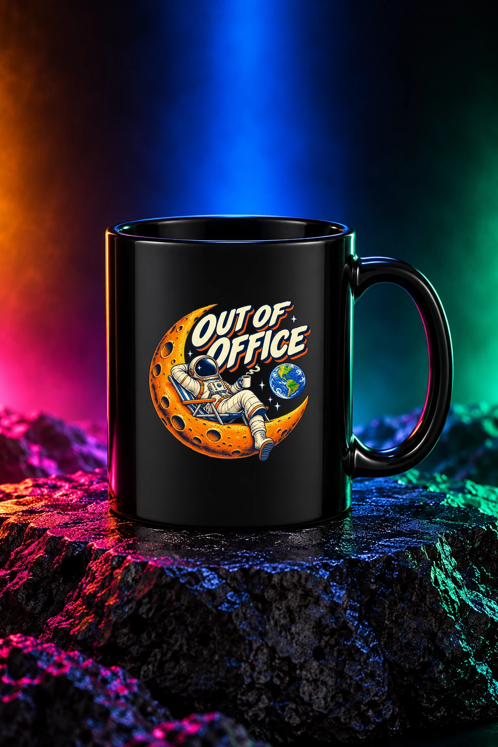 Black mug with the Out of Office artwork. An astronaut takes a break on a crescent moon in Out of Office, a small escape from the everyday. Digital studio mockup.