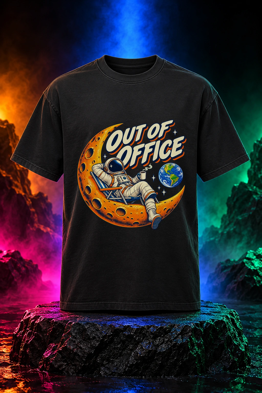 Black tee with the Out of Office artwork. An astronaut takes a break on a crescent moon in Out of Office, a small escape from the everyday. Digital studio mockup.