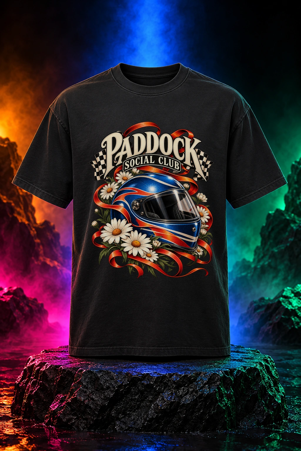 Black tee with the Paddock Social Club artwork. A racing helmet, daisies and checkered accents give Paddock Social Club its original motorsport mood. Digital studio mockup.