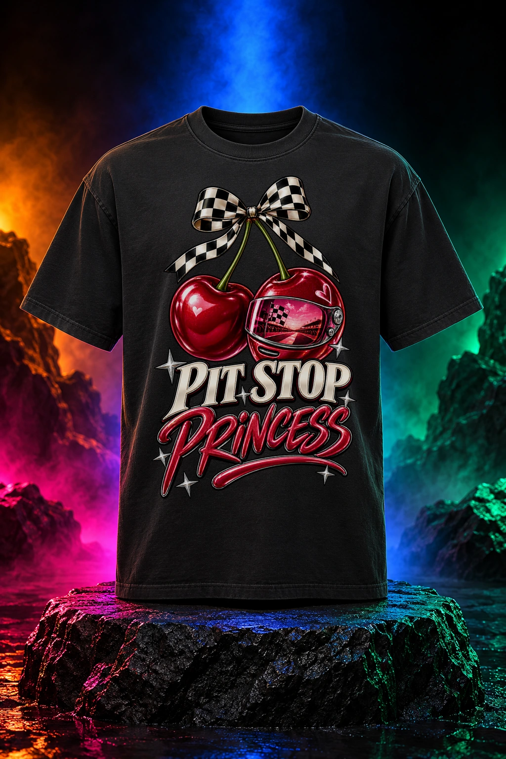Black tee with the Pit Stop Princess artwork. Cherries, checkered details and expressive lettering give Pit Stop Princess its playful racing-fan attitude. Digital studio mockup.