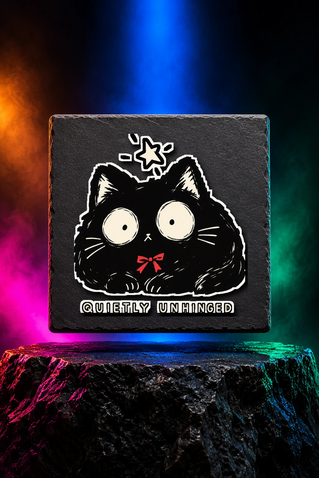 White kiss-cut sticker with the Quietly Unhinged artwork. A deadpan little cat brings a wonderfully understated kind of chaos to Quietly Unhinged. Digital studio mockup.