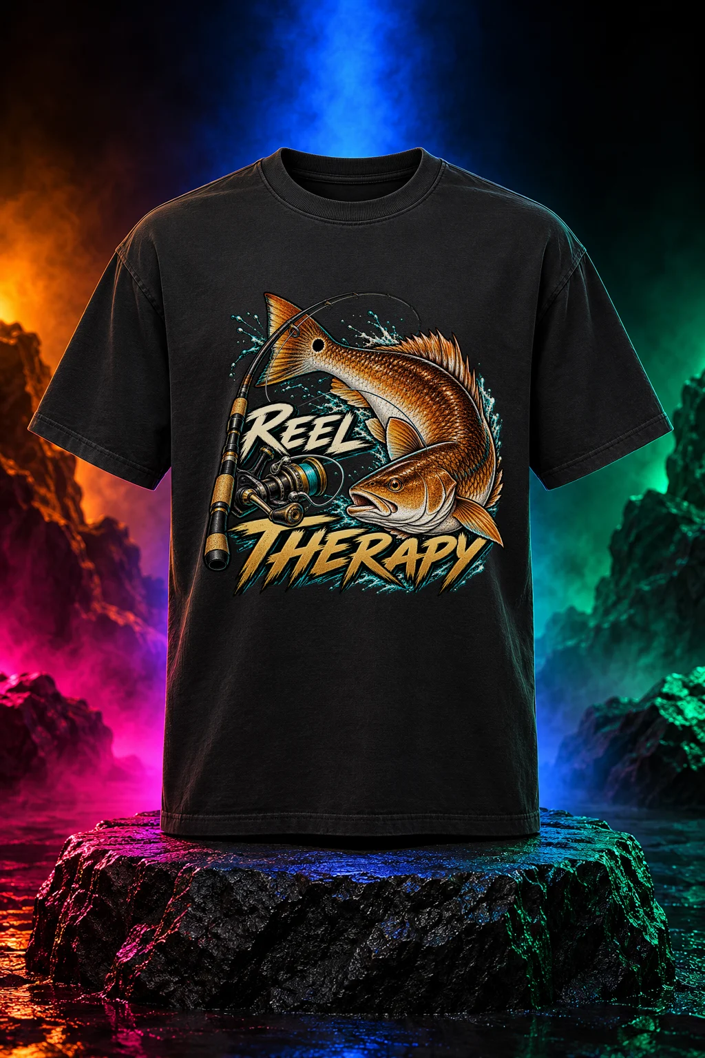 Reel Therapy T-shirt with a copper redfish with a tail spot, spinning rod and reel, and Reel Therapy brush lettering. Black option. Digital mockup.