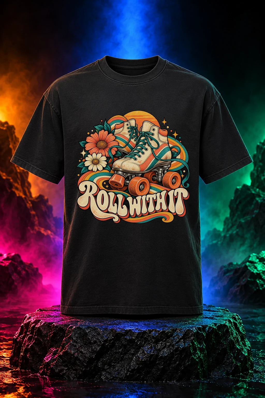 Roll With It original artwork on a black T-shirt. Digital neon studio mockup.