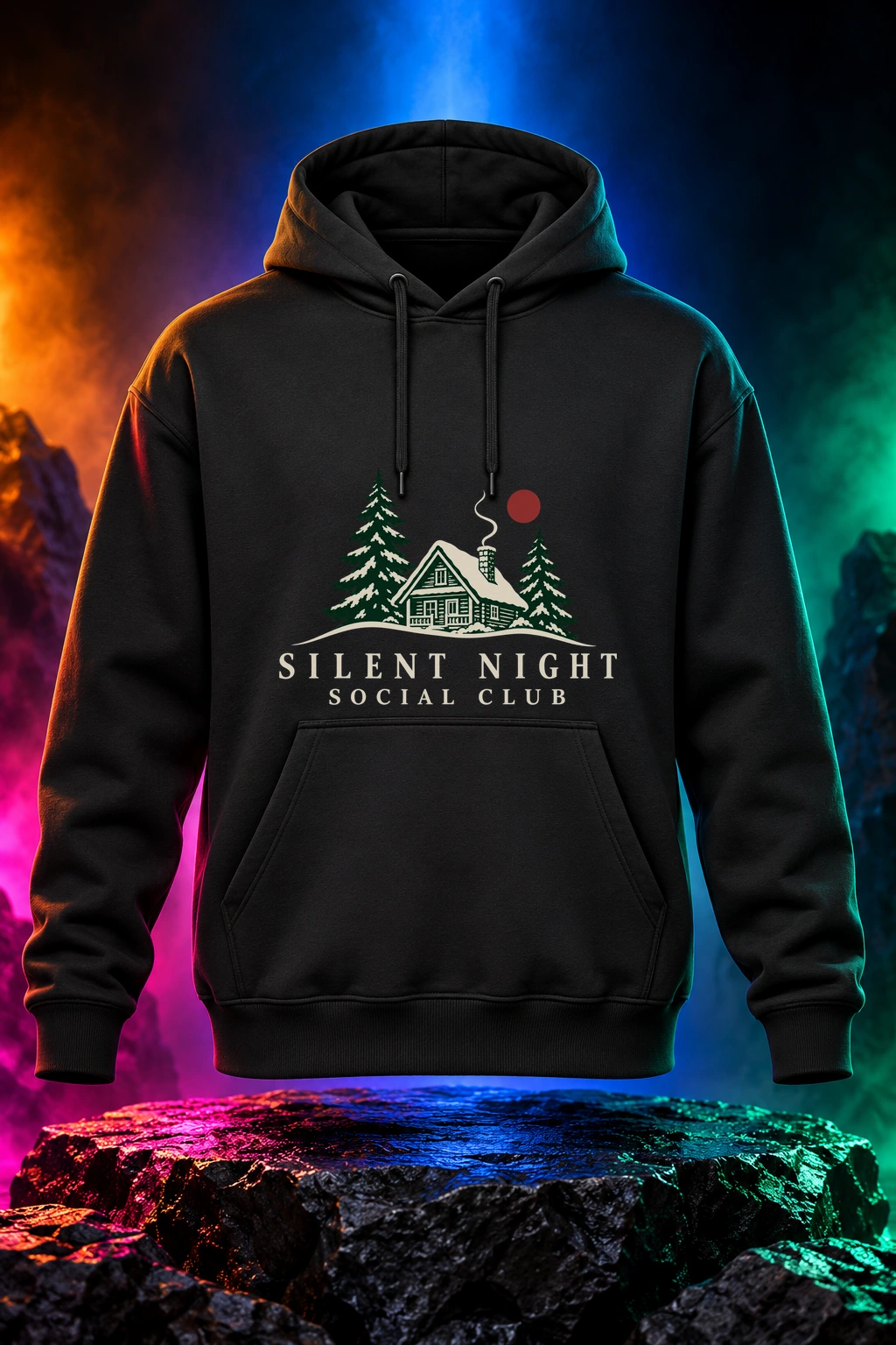Black hoodie with the Silent Night Social Club artwork. An alpine cabin, evergreen trees and restrained winter color make Silent Night Social Club a quieter Christmas classic. Digital studio mockup.