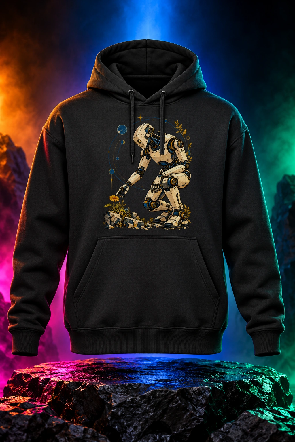 Black hoodie with the Small Signs of Life artwork. A curious robot tending flowers gives Small Signs of Life its hopeful mix of technology and nature. Digital studio mockup.
