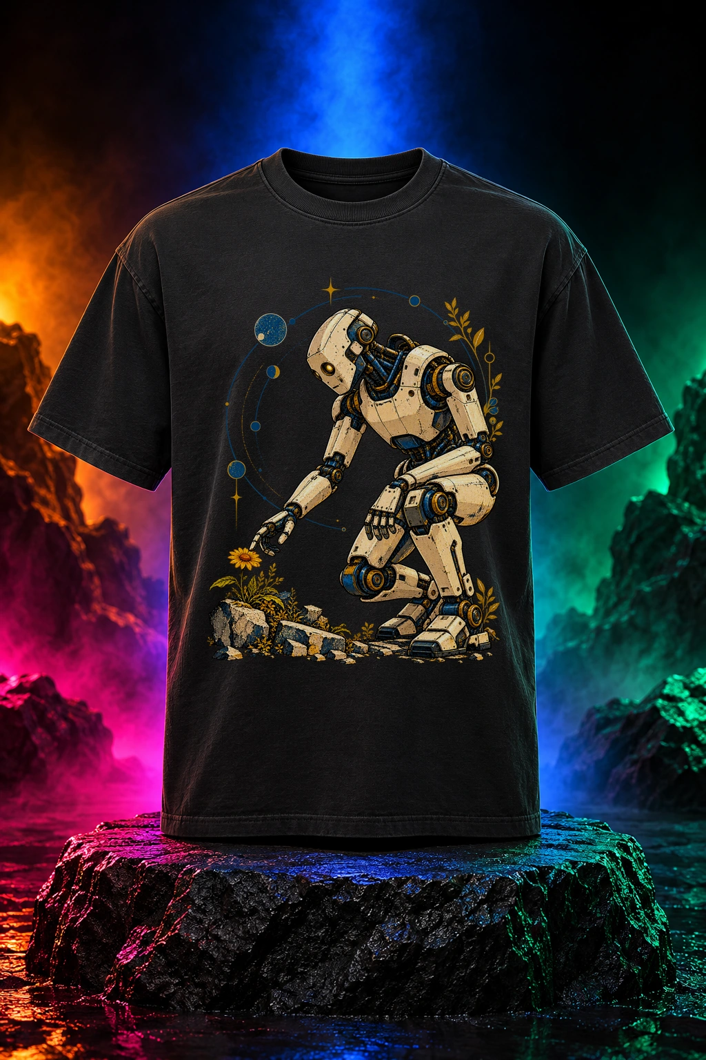 Small Signs of Life T-shirt with a curious robot tending a small flower. Black option. Digital mockup.