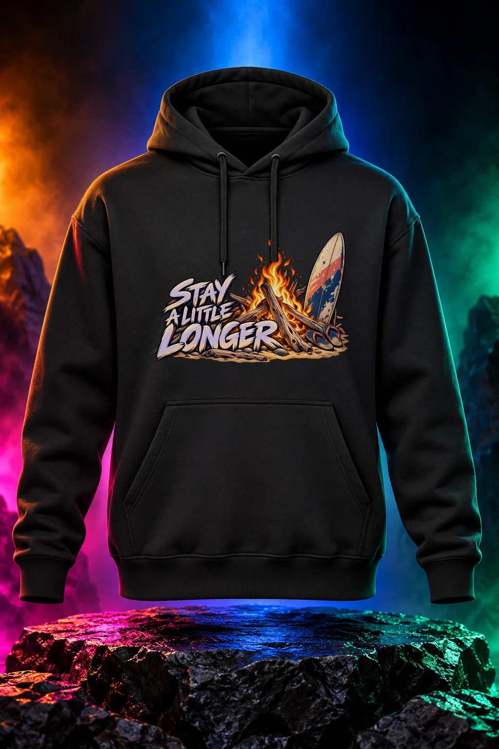 Stay a Little Longer hoodie with a driftwood bonfire, surfboard and flip-flops with Stay a Little Longer lettering. Black option. Digital mockup.