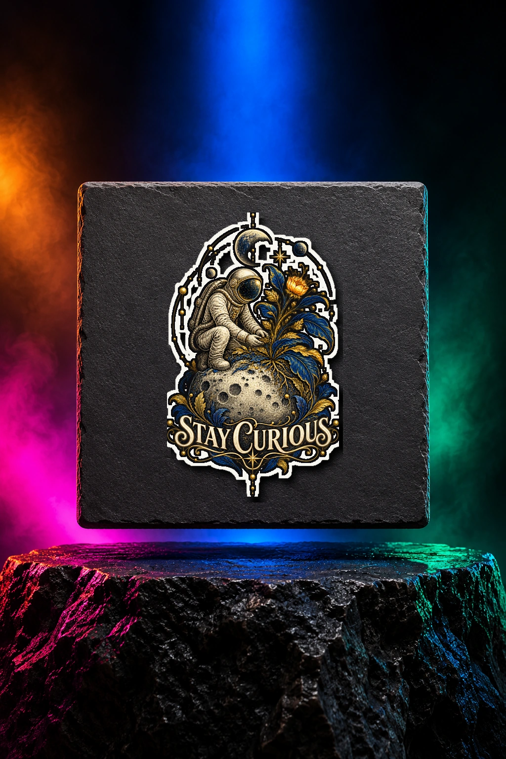 White kiss-cut sticker with the Stay Curious artwork. An astronaut tending an unexpected plant gives Stay Curious its sense of discovery. Digital studio mockup.